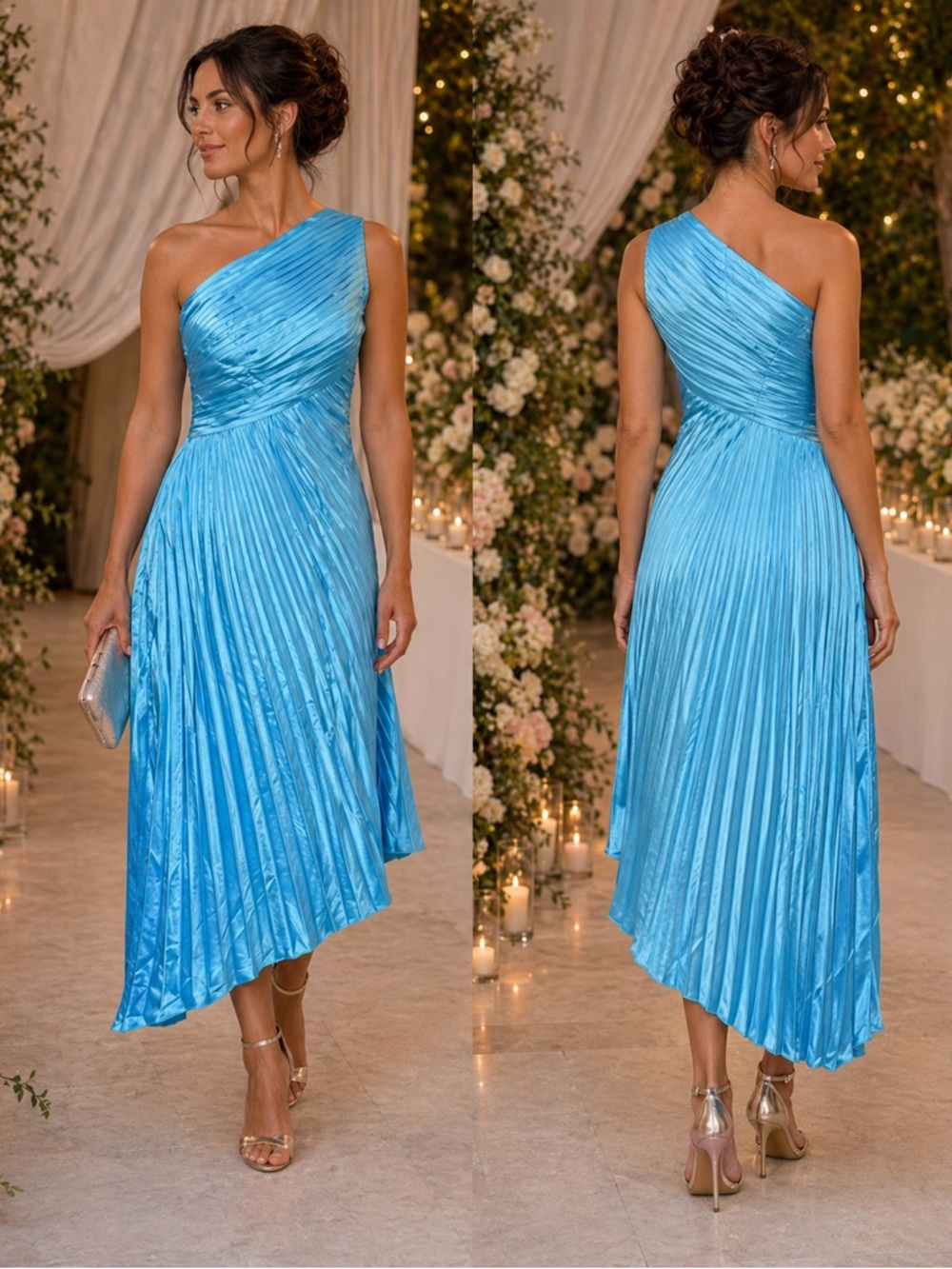 NWT Elegant One-Shoulder Lined Satin Dress in Sky Blue 8 - Picture 2 of 16